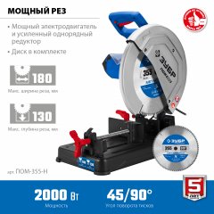 Профессионал монтажная отрезная пила ЗУБР с пильным диском 355 мм, 2000 Вт ПОМ-355-Н