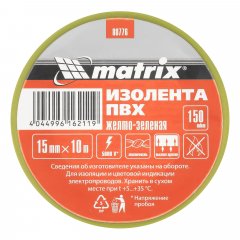 Изолента ПВХ, 15 мм х 10 м, желто-зеленая, 150 мкм Matrix 88776