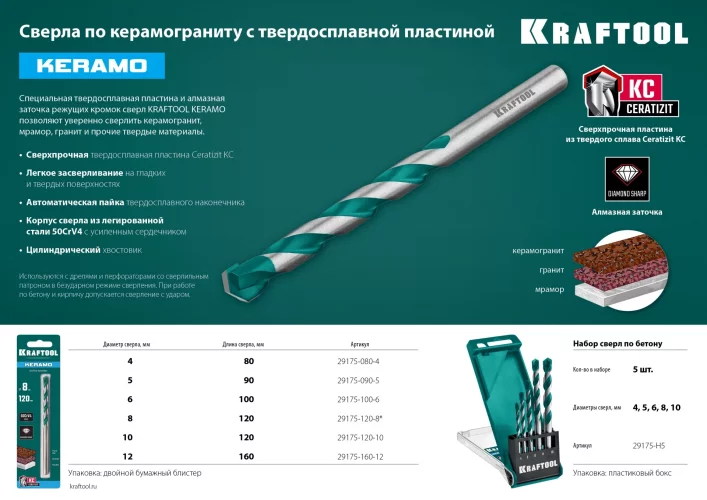 Сверло по керамограниту KRAFTOOL Keramo 5x90 мм 29175-090-5