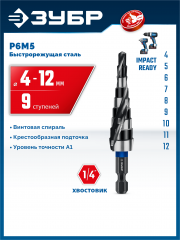 ЗУБР BLACK FORCE 4-12мм, 9 ступеней, винтовая проточка, сверло ступенчатое, ПРОФЕССИОНАЛ (29671-4-12-9)