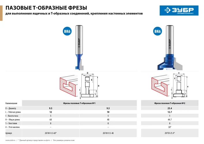 Пазовая Т-образная фреза ЗУБР Профессионал №1, 9.5х10 мм 28749-9.5-48