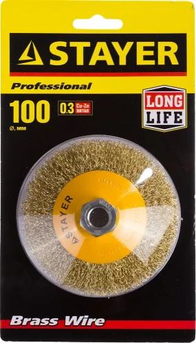 Щетка коническая PROFESSIONAL (100 мм; М14; витая стальная латунированная проволока 0.3 мм) для УШМ STAYER 35133-100
