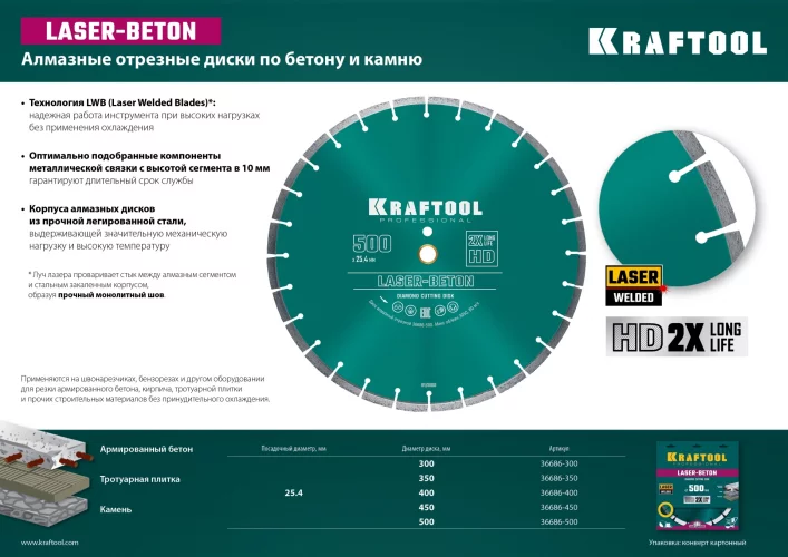 Диск алмазный отрезной по бетону и камню KRAFTOOL LASER-BETON (450х25.4 мм) 36686-450