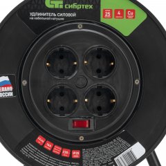Удлинитель силовой 25 м, 16А, тип УХз16, ПВС, на кабельной катушке, 4 розетки, Россия Сибртех 96045