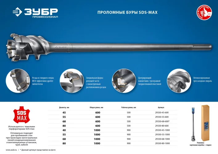 Бур проломной ЗУБР Профессионал SDS-max 68х600 мм 29330-68-600
