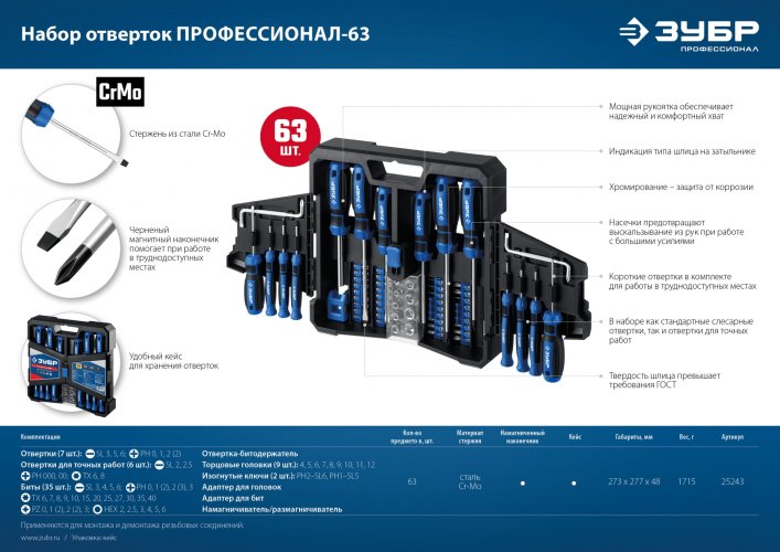 ЗУБР 63 предм., набор отверток, Профессионал (25243)