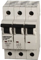 Автоматический выключатель СВЕТОЗАР ПРЕМИУМ 3-полюсный, 16 A, C, откл. сп. 10 кА, 400 В SV-49033-16-C