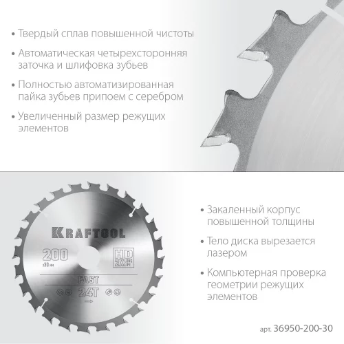 Диск пильный по дереву KRAFTOOL Fast 200x30 мм, 24Т 36950-200-30