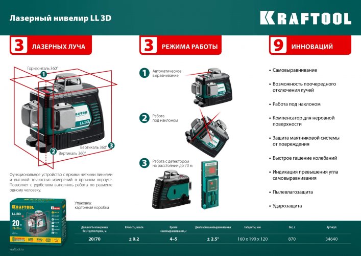 KRAFTOOL LL 3D #3, лазерный нивелир (34640-3)