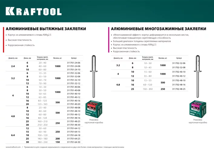 Заклепки алюминиевые Alu Al5052 (500 шт; 4.8х16 мм) KRAFTOOL 311701-48-16