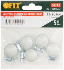 Хомуты, оцинкованная сталь, набор 5 шт., 11-20 мм FIT 64242