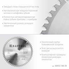 Диск пильный по алюминию KRAFTOOL Multi material 180x30 мм, 60Т 36953-180-30