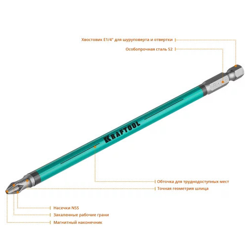 Биты KRAFTOOL Optimum в блистере E 1/4 (PН2, 150 мм, 5 шт.) 26122-2-150-5