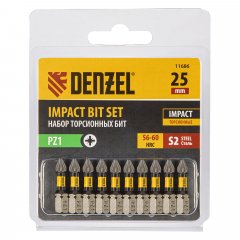 Бита IMPACT, PZ1x25 мм, лазерная обработка шлица, сталь S2, 10 шт., Е 6,3 Denzel 11686