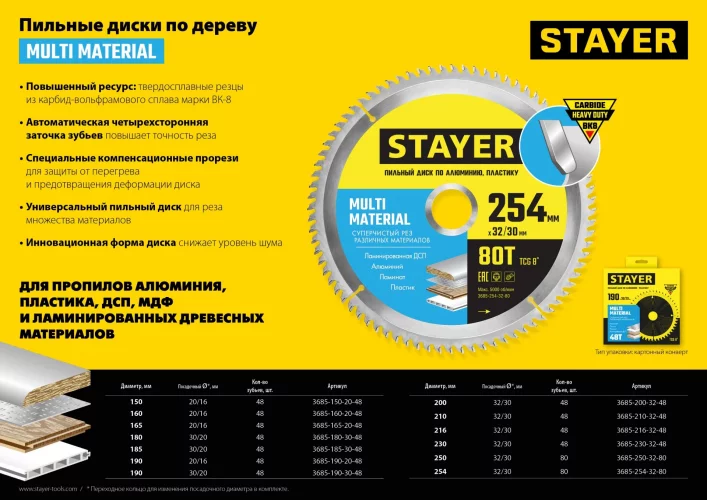 Диск пильный по алюминию STAYER Multi Material 190х20/16 мм, 48Т 3685-190-20-48