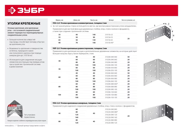Крепежный угол ЗУБР МАСТЕР равносторонний 40х80х80мм 1шт 310206-040-080