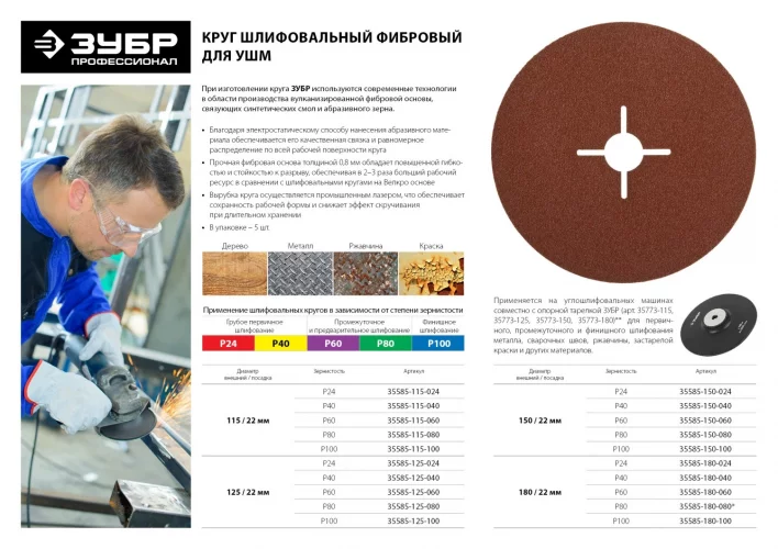 Круг шлифовальный ПРОФИ фибровый (5 шт; 115х22 мм; P80) для УШМ ЗУБР 35585-115-080