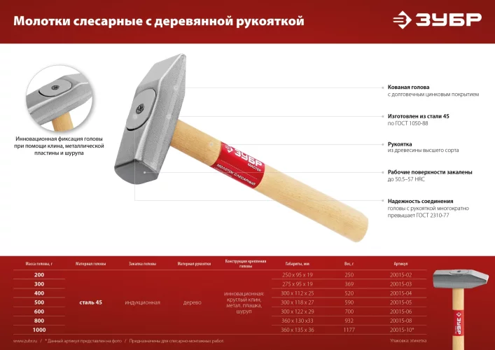 Слесарный молоток с деревянной рукояткой, 500 г, ЗУБР, 20015-05_z02