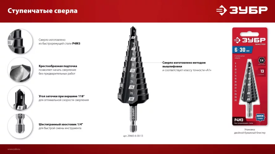 ЗУБР 4-12мм, 9 ступеней, сверло ступенчатое(29665-4-12-9)