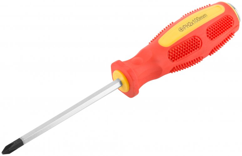 Отверткa ударная, CrV сталь, шестигранное сквозное жало с бойком, прорезиненная ручка 6х100 мм PH2 КУРС 55603