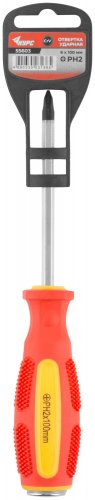 Отверткa ударная, CrV сталь, шестигранное сквозное жало с бойком, прорезиненная ручка 6х100 мм PH2 КУРС 55603