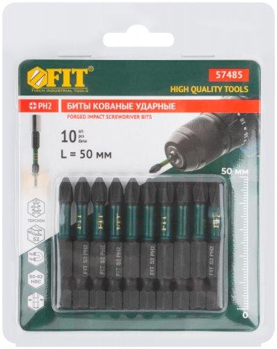 Биты кованые ударные, сталь S2, односторонние 50 мм PH2, 10 шт., блистер FIT 57485