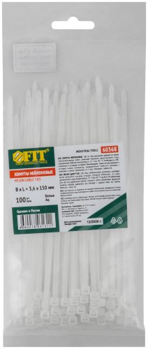 Хомуты нейлоновые для проводов, белые 100 шт., 3,6х150 мм FIT 60368