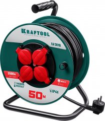 Удлинитель на катушке KRAFTOOL P-315, 50м, 3500Вт, 4 гнезда, IP44, ПВС 3х1.5мм2, 55084-50