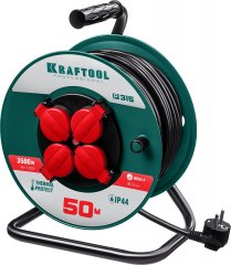 Удлинитель на катушке KRAFTOOL P-315, 50м, 3500Вт, 4 гнезда, IP44, ПВС 3х1.5мм2, 55084-50