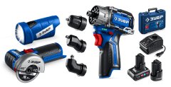ЗУБР КОМБИ #5 набор: дрель-шуруповерт + мини УШМ + LED фонарь, BRUSHLESS, 12 В, 45 Н·м, 2 АКБ тип Т7 (4 и 2 А·ч), кейс, Профессионал (DB-125-42ABF)