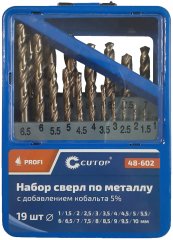 Набор сверл по металлу с кобальтом 5% в металлической коробке; 1-10 мм (через 0,5 мм), 19 шт., CUTOP 48-602