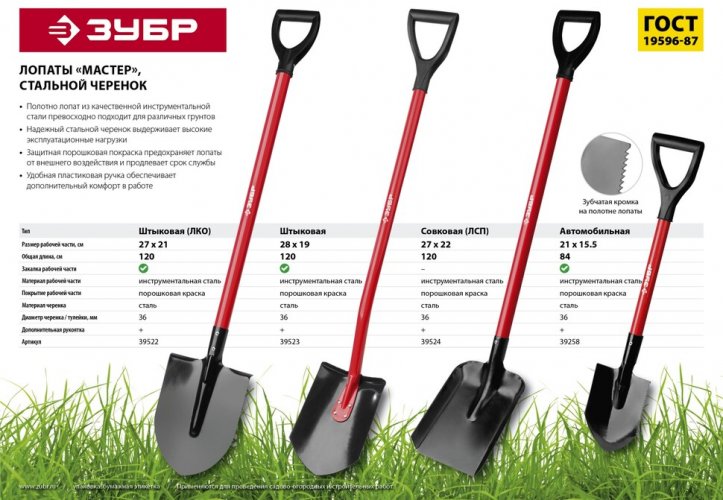 Штыковая лопата МАСТЕР ЛКО, стальной черенок, с рукояткой, ЗУБР 39522