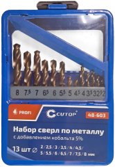 Набор сверл по металлу с кобальтом 5% в металлической коробке; 2-8 мм (через 0,5 мм), 13 шт., CUTOP 48-603