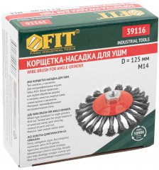 Корщетка-колесо с наклоном, гайка М14, стальная витая проволока 125 мм FIT 39116