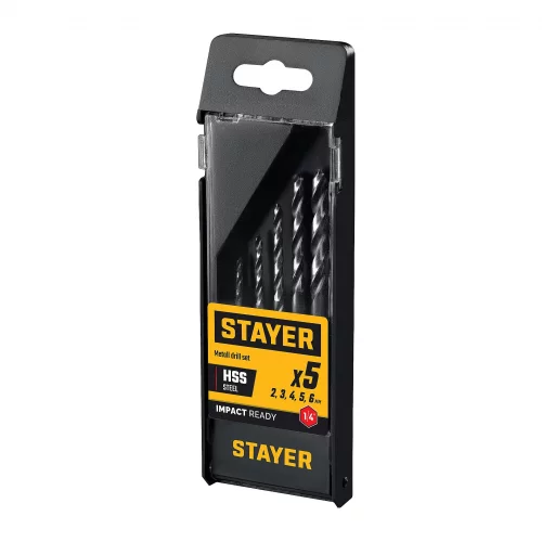 STAYER НЕХ-1/4″, 5 шт, набор сверл по металлу для винтовёртов и шуруповертов IMPACT READY (29603-H5)