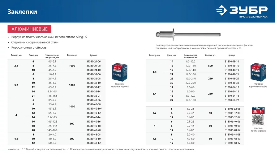 Заклепки алюминиевые Профессионал (500 шт; 4х16 мм) ЗУБР 31310-40-16