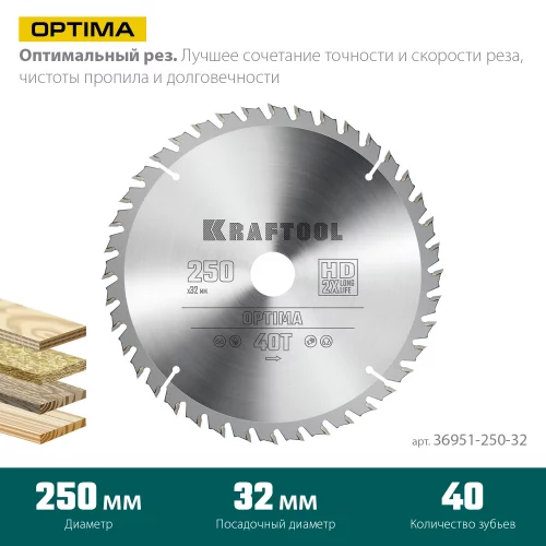Диск пильный по дереву KRAFTOOL Optima 250x32 мм, 40Т 36951-250-32