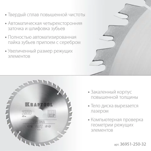Диск пильный по дереву KRAFTOOL Optima 250x32 мм, 40Т 36951-250-32