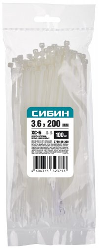 Хомуты-стяжки белые ХС-Б, 3.6 х 200 мм, 100 шт, нейлоновые, СИБИН 3786-36-200