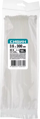 Хомуты-стяжки белые ХС-Б, 3.6 х 300 мм, 100 шт, нейлоновые, СИБИН 3786-36-300
