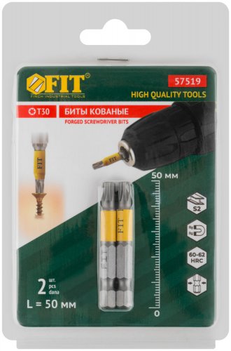 Биты кованые, сталь S2, односторонние 50 мм Т30, 2 шт., блистер FIT 57519
