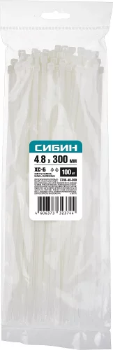 Хомуты-стяжки белые ХС-Б, 4.8 х 300 мм, 100 шт, нейлоновые, СИБИН 3786-48-300