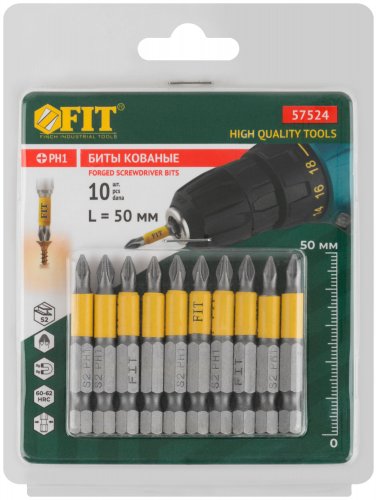 Биты кованые, сталь S2, односторонние 50 мм PH1, 10 шт., блистер FIT 57524