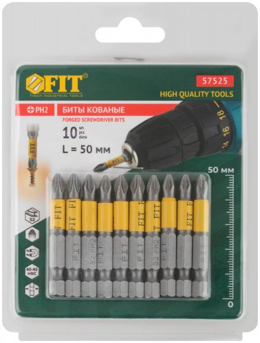 Биты кованые, сталь S2, односторонние 50 мм PH2, 10 шт., блистер FIT 57525