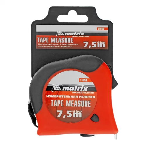Рулетка Double fixation,7,5 м х 25 мм,обрезиненный корпус,двойная плавная фиксация Matrix 31058