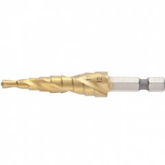 Сверло ступенчатое 4-5-6-7-8-9-10-11-12 мм, HSS, спиральный профиль, шестигранный хвостовик Matrix 72353