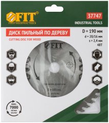 Диск пильный для циркулярных пил по дереву 190 х 20/16 х 48T FIT 37747