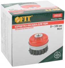 Корщетка-чашка, гайка М14, стальная витая проволока с бандажом, 100 мм FIT 39510