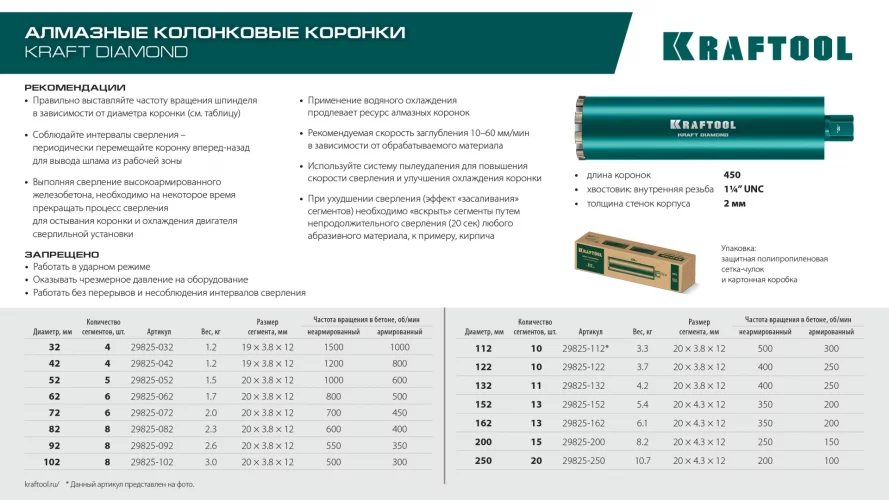 KRAFTOOL DIAMOND 112 мм (450 мм, 1 1/4″, лазерная сварка, сухое сверление с микроударом), алмазная коронка по железобетону (29825-112)