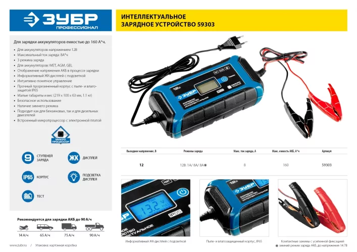 Зарядное устройство ЗУБР Профессионал 12 В, 8А, IP65, ЗУ-160 59303
